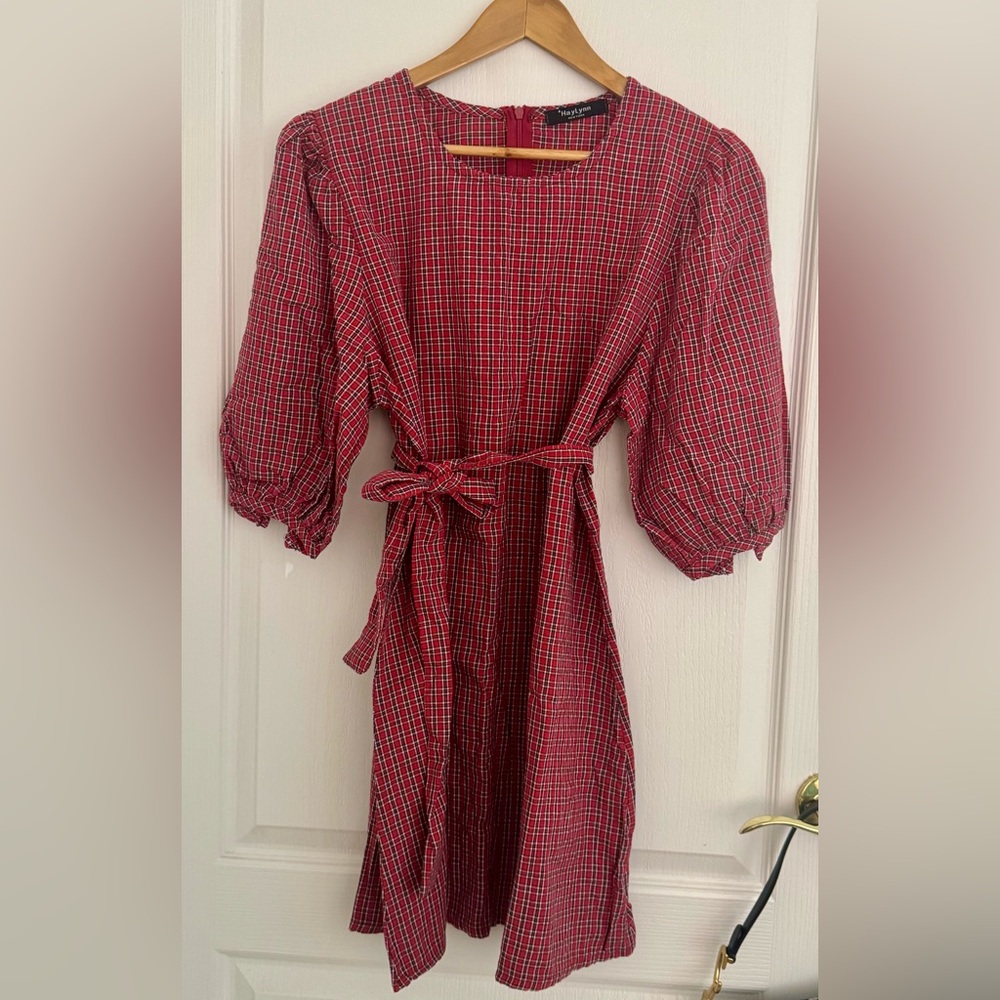 K-style Red Plaid Dress with Belt